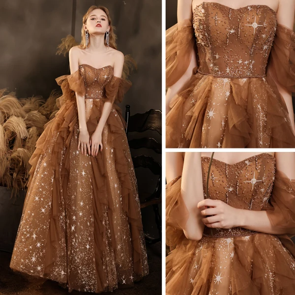 Brown Star Prom Dresses 2021 A-Line / Princess Off-The-Shoulder Short Sleeve Beading Floor-Length / Long Ruffle Backless Formal Dresses