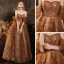 Brown Star Prom Dresses 2021 A-Line / Princess Off-The-Shoulder Short Sleeve Beading Floor-Length / Long Ruffle Backless Formal Dresses
