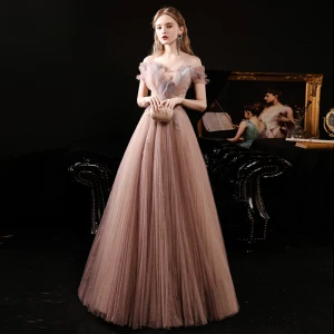 Elegant Champagne Gjennomsiktig Dancing Ballkjoler 2021 Prinsesse Av Skulderen Korte Ermer Beading Glitter Tyll Lange Buste Ryggløse Formelle Kjoler