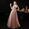 Elegant Champagne See-through Dancing Prom Dresses 2021 A-Line / Princess Off-The-Shoulder Short Sleeve Beading Glitter Tulle Floor-Length / Long Ruffle Backless Formal Dresses