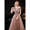 Eleganckie Szampan Przezroczyste Taniec Sukienki Na Bal 2021 Princessa Przy Ramieniu Kótkie Rękawy Frezowanie Cekinami Tiulowe Długie Wzburzyć Bez Pleców Sukienki Wizytowe