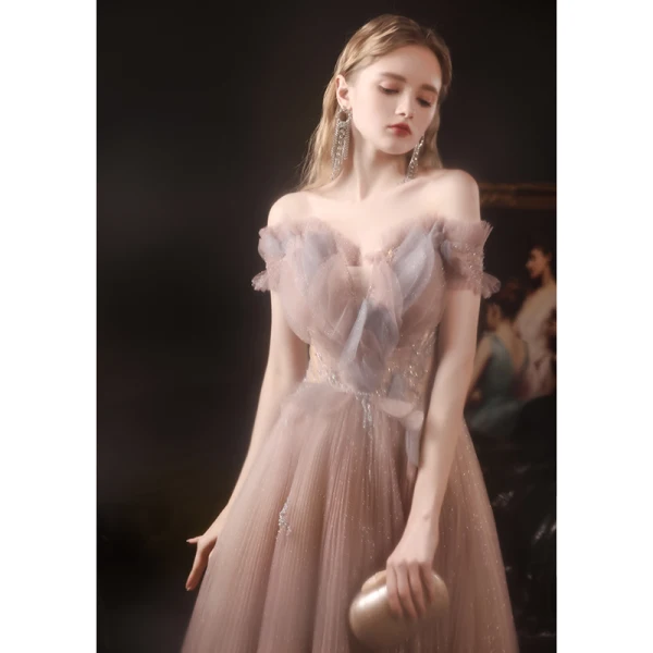 Elegant Champagne See-through Dancing Prom Dresses 2021 A-Line / Princess Off-The-Shoulder Short Sleeve Beading Glitter Tulle Floor-Length / Long Ruffle Backless Formal Dresses