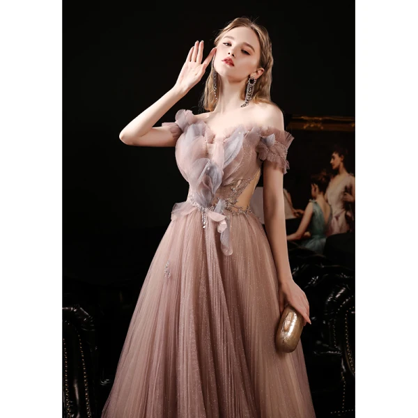Elegant Champagne See-through Dancing Prom Dresses 2021 A-Line / Princess Off-The-Shoulder Short Sleeve Beading Glitter Tulle Floor-Length / Long Ruffle Backless Formal Dresses