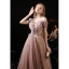 Elegant Champagne See-through Dancing Prom Dresses 2021 A-Line / Princess Off-The-Shoulder Short Sleeve Beading Glitter Tulle Floor-Length / Long Ruffle Backless Formal Dresses