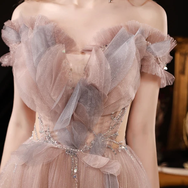 Elegant Champagne See-through Dancing Prom Dresses 2021 A-Line / Princess Off-The-Shoulder Short Sleeve Beading Glitter Tulle Floor-Length / Long Ruffle Backless Formal Dresses