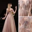 Elegant Champagne See-through Dancing Prom Dresses 2021 A-Line / Princess Off-The-Shoulder Short Sleeve Beading Glitter Tulle Floor-Length / Long Ruffle Backless Formal Dresses