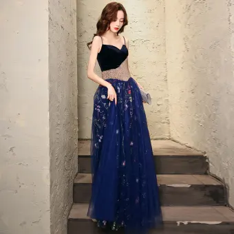 Flower Fairy Navy Blue Dancing Prom Dresses 2021 A Line Princess Spaghetti Straps Sleeveless Beading Pearl Embroidered Flower Floor Length Long Ruffle Backless Formal Dresses