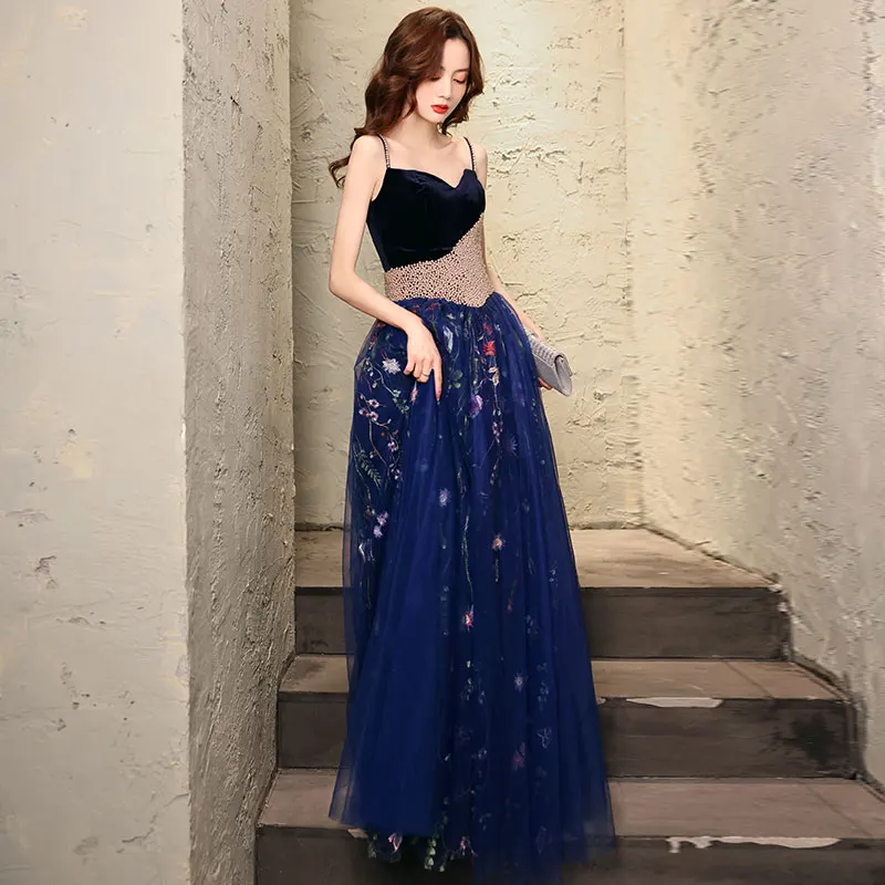 Flower Fairy Navy Blue Dancing Prom Dresses 2021 A-Line / Princess Spaghetti Straps Sleeveless Beading Pearl Embroidered Flower Floor-Length / Long