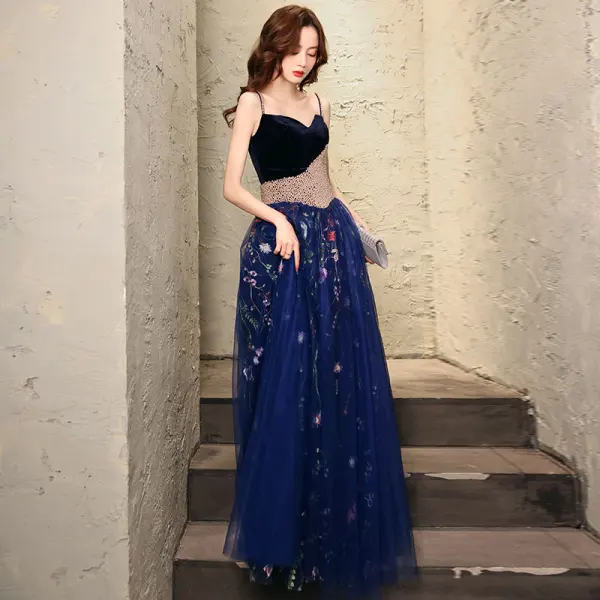 Flower Fairy Navy Blue Dancing Prom Dresses 2021 A-Line / Princess Spaghetti Straps Sleeveless Beading Pearl Embroidered Flower Floor-Length / Long Flower Fairy Navy Blue Dancing Prom Dresses 2021 A-Line / Princess Spaghetti Straps Sleeveless Beading Pearl Embroidered Flower Floor-Length / Long