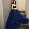 Flower Fairy Navy Blue Dancing Prom Dresses 2021 A-Line / Princess Spaghetti Straps Sleeveless Beading Pearl Embroidered Flower Floor-Length / Long Ruffle Backless Formal Dresses