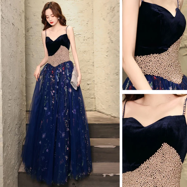 Blumenfee Marineblau Tanzen Ballkleider 2021 A Linie Spaghettiträger Ärmellos Perlenstickerei Perle Stickerei Blumen Lange Rüschen Rückenfreies Festliche Kleider