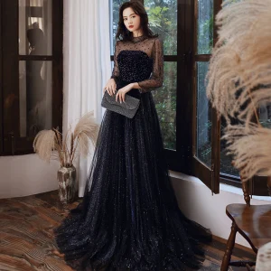 Sparkly Navy Blue See Through Prom Dresses 2021 A Line Princess High Neck Long Sleeve Beading Rhinestone Glitter Tulle Sweep Train Ruffle Backless Formal Dresses