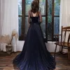 Sparkly Navy Blue See-through Prom Dresses 2021 A-Line / Princess High Neck Long Sleeve Beading Rhinestone Glitter Tulle Sweep Train Ruffle Backless Formal Dresses