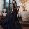 Sparkly Navy Blue See-through Prom Dresses 2021 A-Line / Princess High Neck Long Sleeve Beading Rhinestone Glitter Tulle Sweep Train Ruffle Backless Formal Dresses