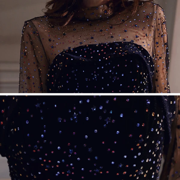 Glitzernden Marineblau Durchsichtige Ballkleider 2021 A Linie Stehkragen Lange Ärmel Perlenstickerei Strass Glanz Tülle Sweep / Pinsel Zug Rüschen Rückenfreies Festliche Kleider