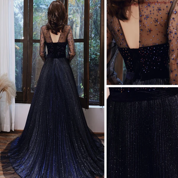 Glitzernden Marineblau Durchsichtige Ballkleider 2021 A Linie Stehkragen Lange Ärmel Perlenstickerei Strass Glanz Tülle Sweep / Pinsel Zug Rüschen Rückenfreies Festliche Kleider