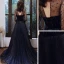 Glitzernden Marineblau Durchsichtige Ballkleider 2021 A Linie Stehkragen Lange Ärmel Perlenstickerei Strass Glanz Tülle Sweep / Pinsel Zug Rüschen Rückenfreies Festliche Kleider
