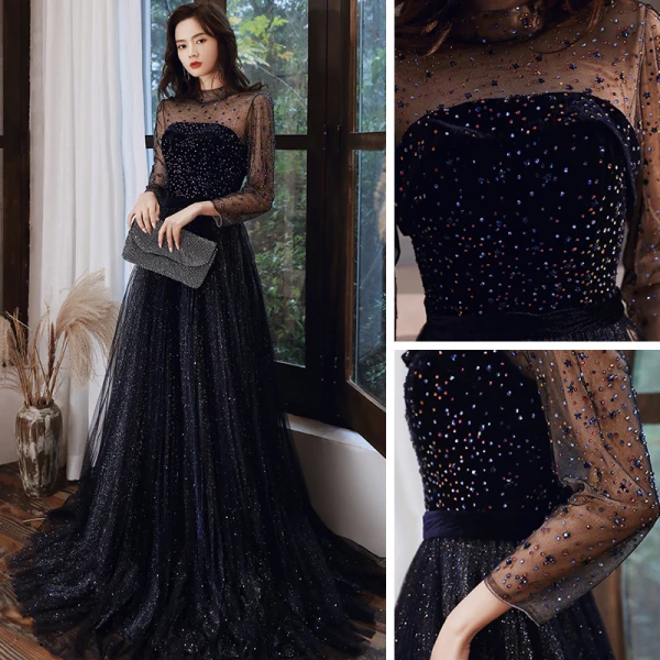 Glitzernden Marineblau Durchsichtige Ballkleider 2021 A Linie Stehkragen Lange Ärmel Perlenstickerei Strass Glanz Tülle Sweep / Pinsel Zug Rüschen Rückenfreies Festliche Kleider