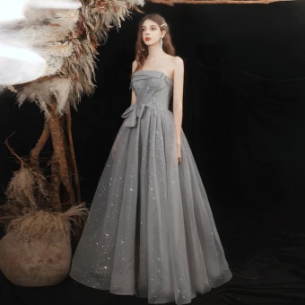 Bling Bling Gris Dansant Robe De Bal 2021 Princesse Bustier Sans Manches Perlage Glitter Tulle Longue Volants Dos Nu Robe De Ceremonie