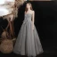 Bling Bling Grey Dancing Prom Dresses 2021 A-Line / Princess Strapless Sleeveless Beading Glitter Tulle Floor-Length / Long Ruffle Backless Formal Dresses