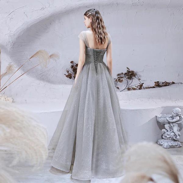 Bling Bling Grey Dancing Prom Dresses 2021 A-Line / Princess Strapless Sleeveless Beading Glitter Tulle Floor-Length / Long Ruffle Backless Formal Dresses