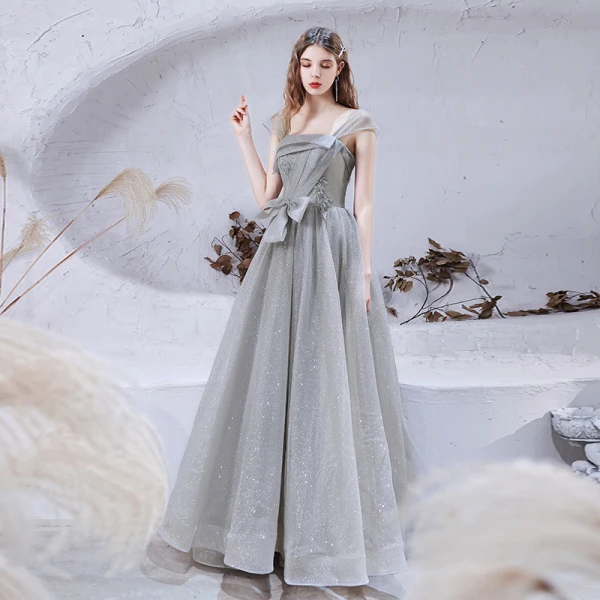 Bling Bling Grey Dancing Prom Dresses 2021 A-Line / Princess Strapless Sleeveless Beading Glitter Tulle Floor-Length / Long Ruffle Backless Formal Dresses