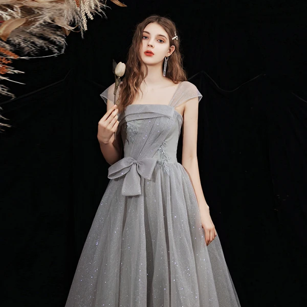 Bling Bling Grey Dancing Prom Dresses 2021 A-Line / Princess Strapless Sleeveless Beading Glitter Tulle Floor-Length / Long Ruffle Backless Formal Dresses