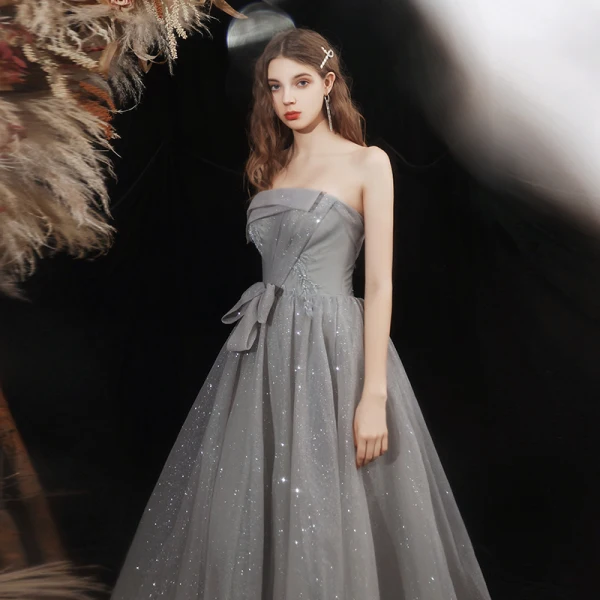 Bling Bling Grey Dancing Prom Dresses 2021 A-Line / Princess Strapless Sleeveless Beading Glitter Tulle Floor-Length / Long Ruffle Backless Formal Dresses