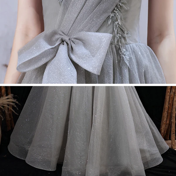 Bling Bling Grey Dancing Prom Dresses 2021 A-Line / Princess Strapless Sleeveless Beading Glitter Tulle Floor-Length / Long Ruffle Backless Formal Dresses