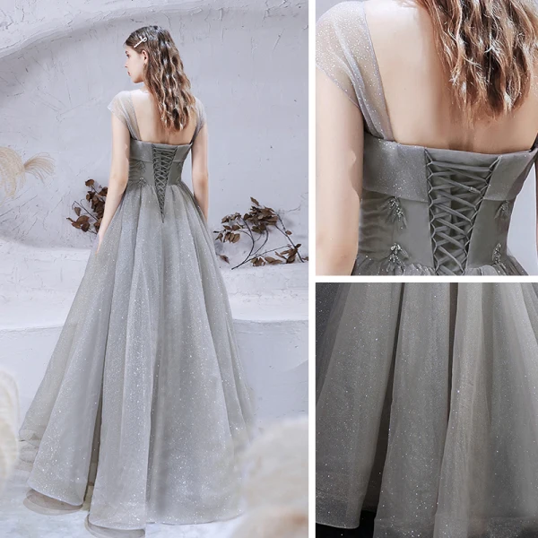 Bling Bling Grey Dancing Prom Dresses 2021 A-Line / Princess Strapless Sleeveless Beading Glitter Tulle Floor-Length / Long Ruffle Backless Formal Dresses