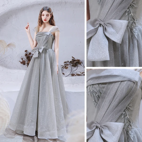 Bling Bling Grey Dancing Prom Dresses 2021 A-Line / Princess Strapless Sleeveless Beading Glitter Tulle Floor-Length / Long Ruffle Backless Formal Dresses
