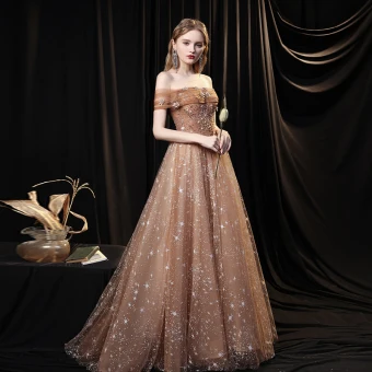 Brown Star Prom Dresses 2021 A Line Princess Off The Shoulder Short Sleeve Beading Sequins Sweep Train Ruffle Backless Formal Dresses