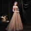 Marron Étoile Robe De Bal 2021 Princesse De l'épaule Manches Courtes Perlage Paillettes Train De Balayage Volants Dos Nu Robe De Ceremonie