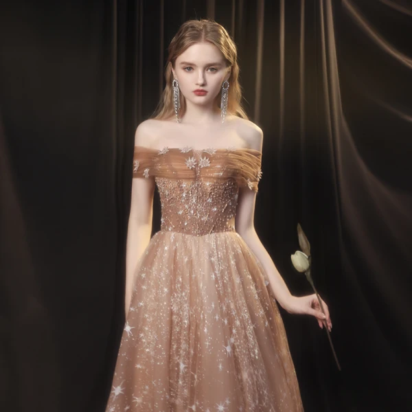 Marron Étoile Robe De Bal 2021 Princesse De l'épaule Manches Courtes Perlage Paillettes Train De Balayage Volants Dos Nu Robe De Ceremonie