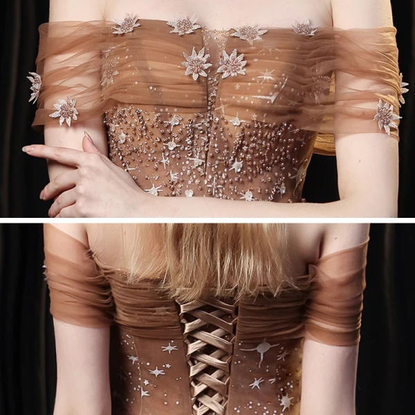 Marron Étoile Robe De Bal 2021 Princesse De l'épaule Manches Courtes Perlage Paillettes Train De Balayage Volants Dos Nu Robe De Ceremonie