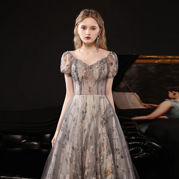 Fantaisie Multi-Couleurs Robe De Bal 2021 Princesse Transparentes De l'épaule Manches Courtes Perlage Glitter Floral Train De Balayage Volants Dos Nu Robe De Ceremonie