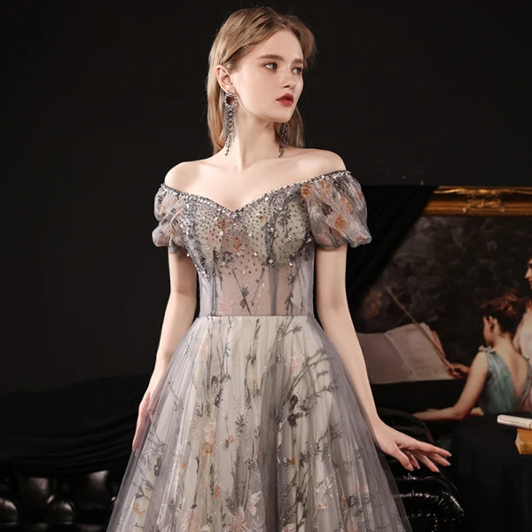 Fantaisie Multi-Couleurs Robe De Bal 2021 Princesse Transparentes De l'épaule Manches Courtes Perlage Glitter Floral Train De Balayage Volants Dos Nu Robe De Ceremonie