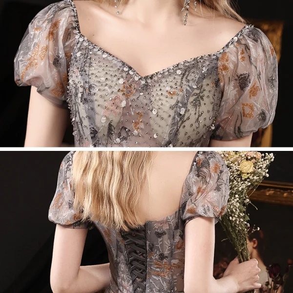 Fantaisie Multi-Couleurs Robe De Bal 2021 Princesse Transparentes De l'épaule Manches Courtes Perlage Glitter Floral Train De Balayage Volants Dos Nu Robe De Ceremonie