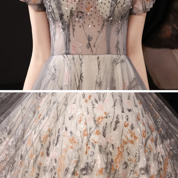 Fantaisie Multi-Couleurs Robe De Bal 2021 Princesse Transparentes De l'épaule Manches Courtes Perlage Glitter Floral Train De Balayage Volants Dos Nu Robe De Ceremonie
