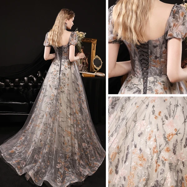 Fantaisie Multi-Couleurs Robe De Bal 2021 Princesse Transparentes De l'épaule Manches Courtes Perlage Glitter Floral Train De Balayage Volants Dos Nu Robe De Ceremonie