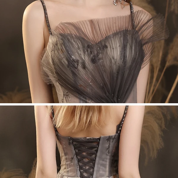 Schick Schwarz Ballkleider 2021 A Linie Spaghettiträger Ärmellos Perlenstickerei Pailletten Glanz Blumen Sweep / Pinsel Zug Rüschen Rückenfreies Festliche Kleider