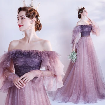 Fashion Grape Prom Dresses 2021 A Line Princess Off The Shoulder Long Sleeve Beading Sash Check Tulle Sweep Train Ruffle Backless Formal Dresses