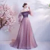 Fashion Grape Prom Dresses 2021 A-Line / Princess Off-The-Shoulder Long Sleeve Beading Sash Check Tulle Sweep Train Ruffle Backless Formal Dresses