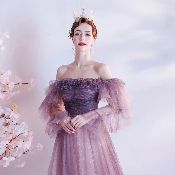 Fashion Grape Prom Dresses 2021 A-Line / Princess Off-The-Shoulder Long Sleeve Beading Sash Check Tulle Sweep Train Ruffle Backless Formal Dresses
