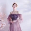 Fashion Grape Prom Dresses 2021 A-Line / Princess Off-The-Shoulder Long Sleeve Beading Sash Check Tulle Sweep Train Ruffle Backless Formal Dresses