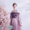 Fashion Grape Prom Dresses 2021 A-Line / Princess Off-The-Shoulder Long Sleeve Beading Sash Check Tulle Sweep Train Ruffle Backless Formal Dresses