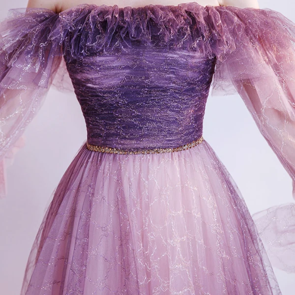 Fashion Grape Prom Dresses 2021 A-Line / Princess Off-The-Shoulder Long Sleeve Beading Sash Check Tulle Sweep Train Ruffle Backless Formal Dresses