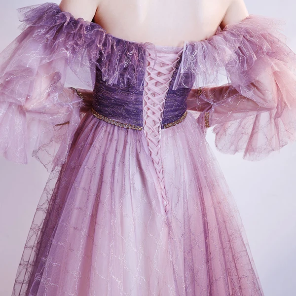 Fashion Grape Prom Dresses 2021 A-Line / Princess Off-The-Shoulder Long Sleeve Beading Sash Check Tulle Sweep Train Ruffle Backless Formal Dresses