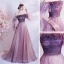 Fashion Grape Prom Dresses 2021 A-Line / Princess Off-The-Shoulder Long Sleeve Beading Sash Check Tulle Sweep Train Ruffle Backless Formal Dresses