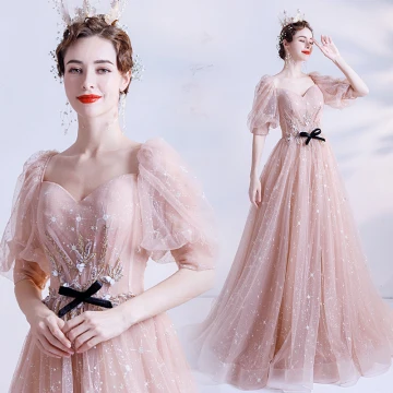 Victorian Style Pearl Pink Star Prom Dresses 2021 A Line Princess Square Neckline Puffy 1 2 Sleeves Beading Glitter Tulle Sweep Train Ruffle Backless Formal Dresses